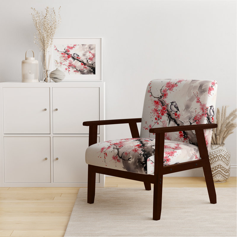 Japan Garden Bird On Tree - Upholstered Japanese Accent Arm Chair, Brown Square Arms