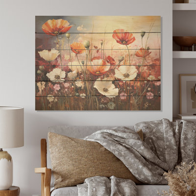 White Crimson Flower S Embrace - Flower Wood Wall Art On Natural Pine Wood