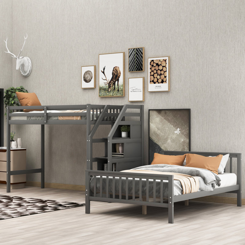 Lit mezzanine simple au-dessus d'un lit double avec escalier, gris, Gris