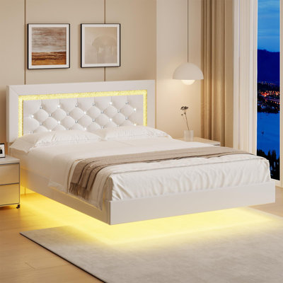 Alber Floating Bed Frame with LED Lights, Upholstered Platform Bed with Diamond Tufted Headboard, No Box Spring Needed, Noise Free, Easy Assembly