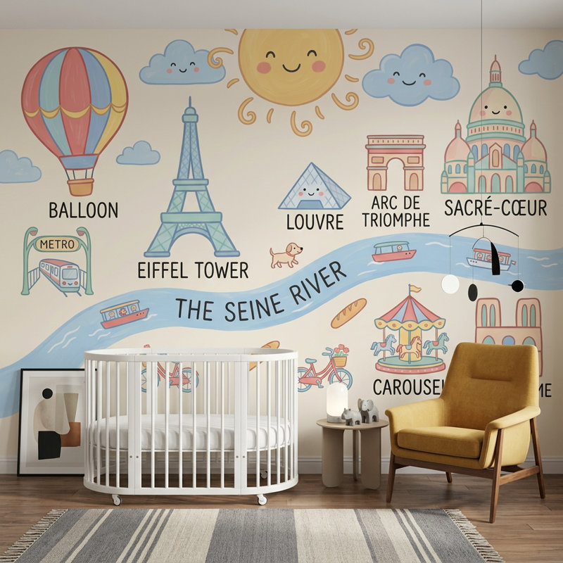 Papier peint montgolfière tour Eiffel, 140 po x 108 po, Peler et coller