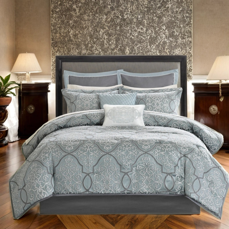 Ensemble d'édredon 12 pièces avec draps en coton et coussins décoratifs, jacquard damassé, bleu