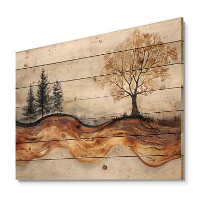 Autumn Trees On A Top Of Wood Slide - Tree Wood Wall Decor - On Natural Pine Wood