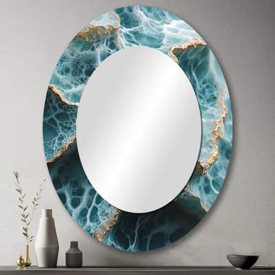Green and Gold Coastal Oceans Pulse - Grand miroir mural ovale sur métal