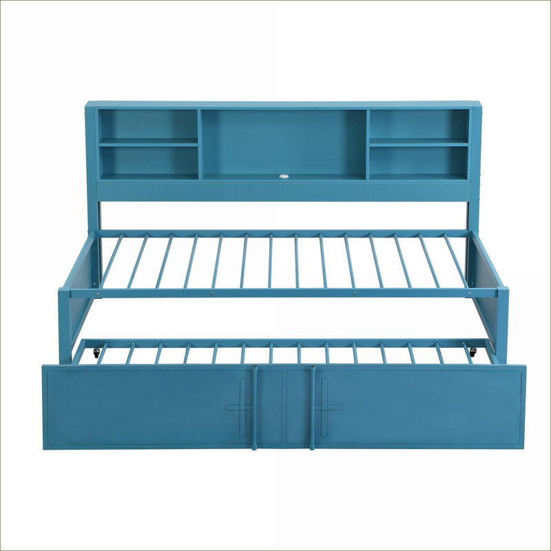 Twin Size Metal Daybed with Trundle, No Box Spring Needed, Storage Shelves USB Ports Blue for Small Space Guest Room, Blue