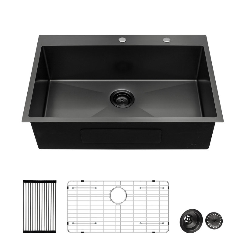 Black Drop Sink, 28X22 Inch Drop In Kitchen Sink Gunmetal Black Topmount 16 Gauge Deep Single Bowl Stainless Steel Sink Basin