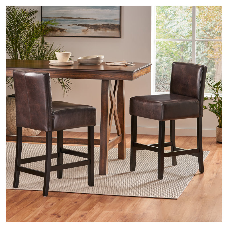 Tabourets de comptoir de 26 po en cuir brun (ensemble de 2) - Tabourets de bar de cuisine ergonomiques avec pieds robustes en bois d'hévéa