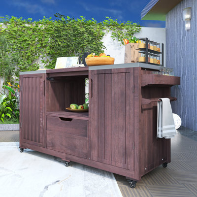 Outdoor Kitchen Island For Big Green Egg Grills, Solid Wood Outdoor Grill Cart For Tabletop Grill With Stainless Steel Top