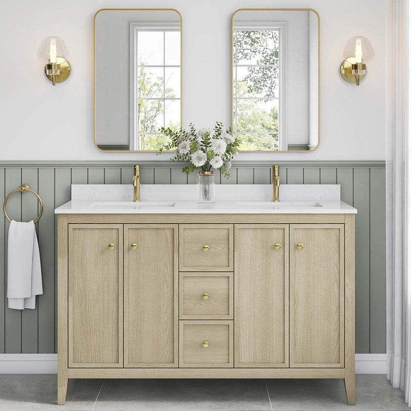 Meuble-lavabo double 54 po Aura avec plateau et dosseret en marbre d'ingénierie Aura, Wheat Oak, 54"
