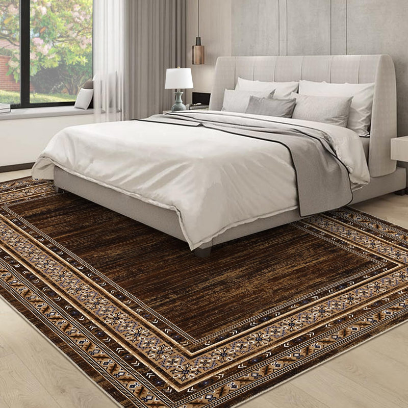 Tapis lavable à bordure moderne Tapis antidérapant pour tapis de cuisine, Brun, Rectangle 6 pi x 9 pi
