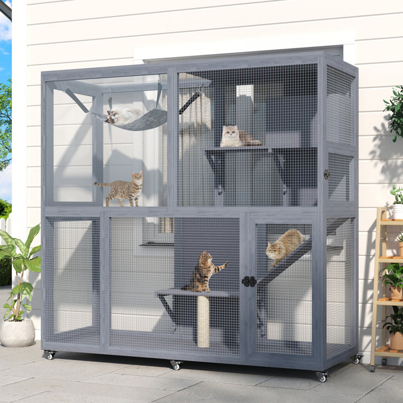 Cage pour chat à 4 niveaux pour l'extérieur, portatif pour plusieurs chats, Gris