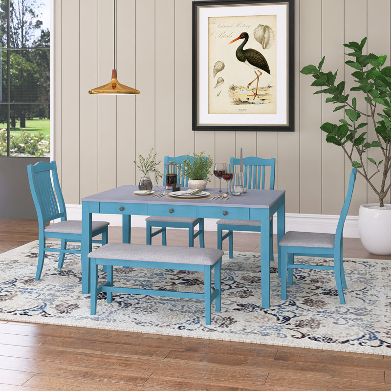 Ensemble de table de salle à manger 6 pièces en bois, conception spéciale avec finition à deux tons, avec véritable tiroir et faux tiroirs, chaises et banc rembourrés, facile à assembler
