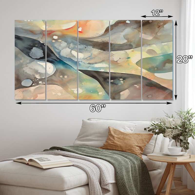 Subtile sérénité colorée, aquarelle grise vagues I - formes abstraites, reproduction d'art mural - 5 panneaux égaux