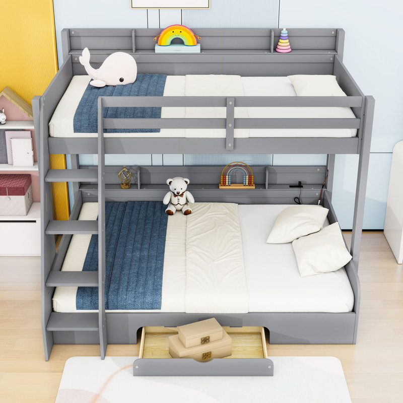 Twin Over Full Bunk Bed With Shelves, LED And Drawer, Gray
