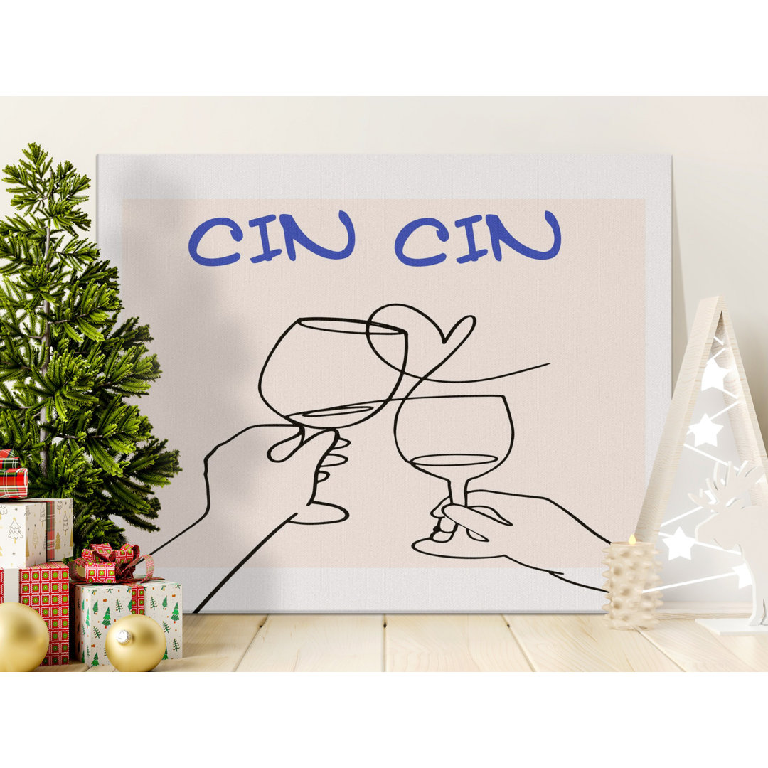 Cin Cin Wine Toast Line Art Canvas Print, Minimalist Couple's Wall Art, Modern Kitchen & Bar Decor, Anniversary or Engagement Gift for Wine