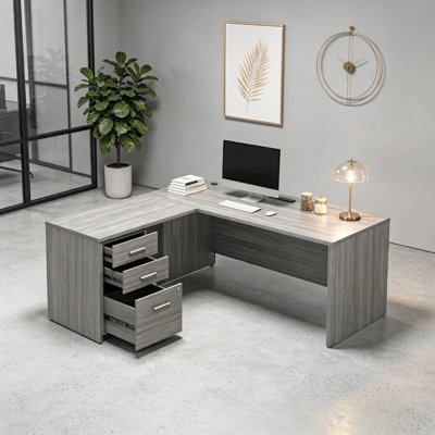 L Shaped Office Desk 74 Inch Executive Workstation with Rolling Mobile Pedestal File Cabinet, Modern Corner Computer Desk for Home Office