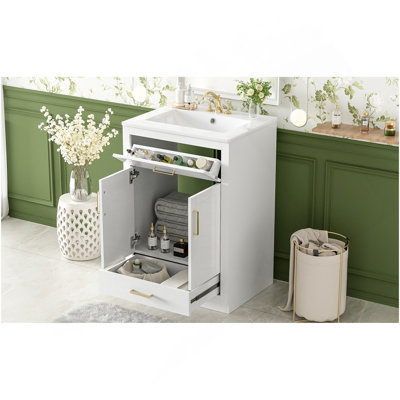 24" Bathroom Vanity With Integrated Ceramic Sink, Bathroom Cabinet With 2 Doors, 1 Tip-Out Drawer, Single Sink Bathroom Vanity For Small And Medium Restroom, White