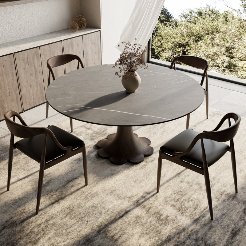 Table de salle à manger ronde ronde en pierre avec base en bois massif pour 4 à 10 personnes, Marron foncé, Gris