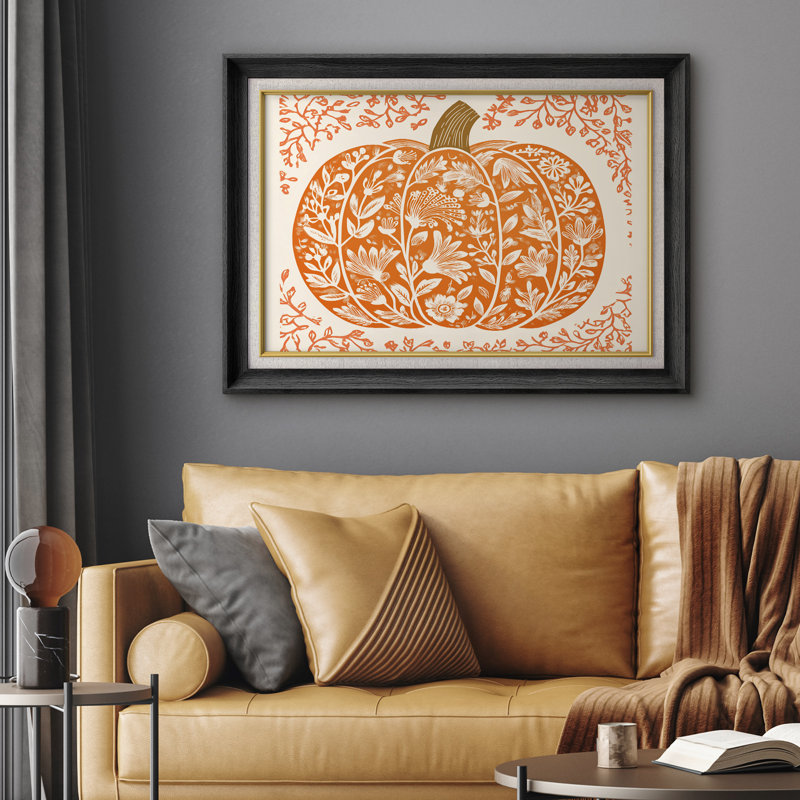Art floral d'automne orange citrouille - impression sur papier encadrée, H 26 po x l 36 po x P 1,5 po