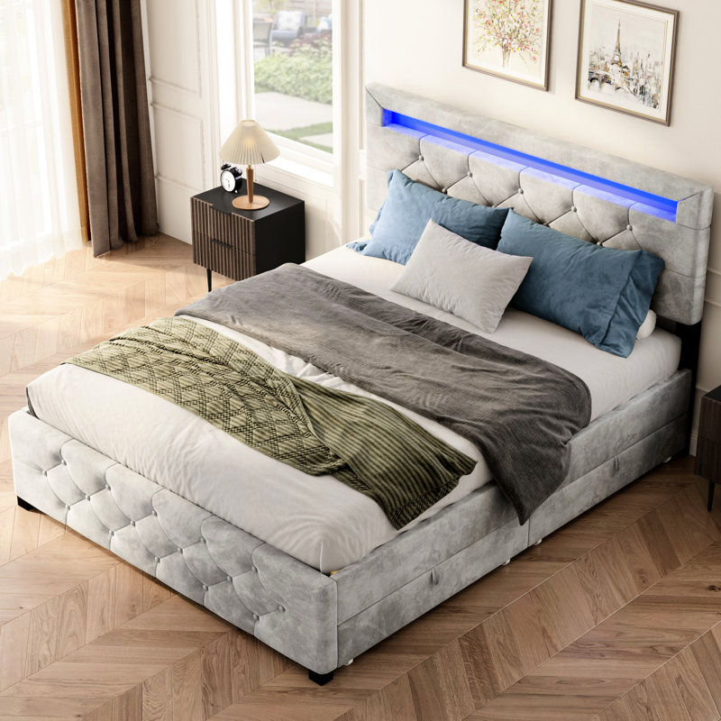 Grand lit tapissier avec DEL et rangement - Aucun sommier nécessaire, velours gris, métal pour décoration de chambre à coucher, tête de lit de taille moderne, cadre