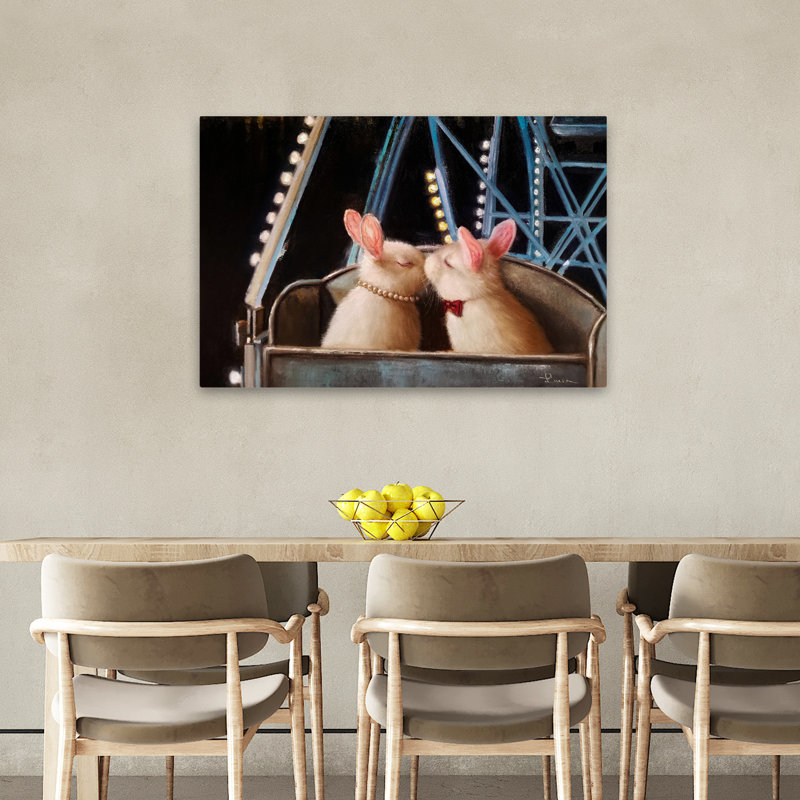 Premier baiser - animaux, urbain et pop, surréalisme, humour, lapins, art, H 24 po x l 36 po
