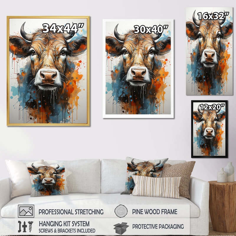 Popart Urban Cow - vache, art mural, Cadre doré simple, H 20 po x l 12 po x P 1 po