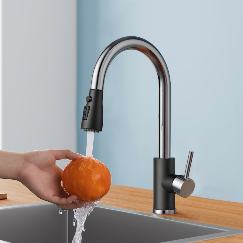 Robinet de cuisine rétractable à poignée simple avec accessoires, Noir/chrome