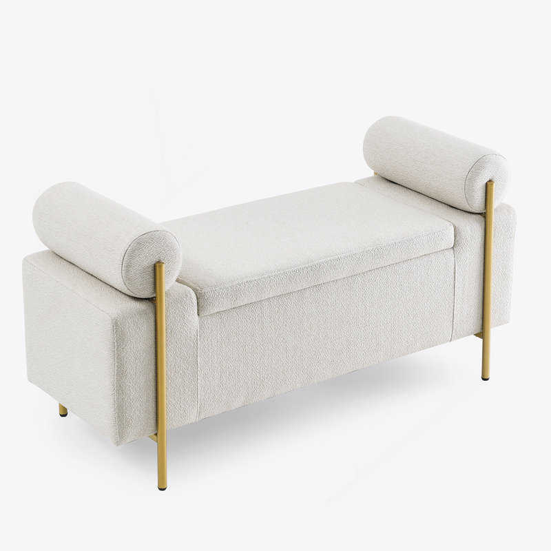 Banc de rangement rembourré en lin avec accoudoirs cylindriques et pieds en fer