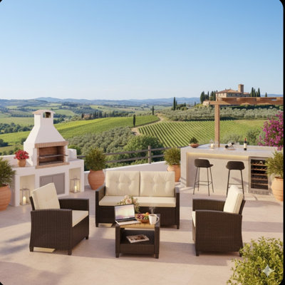 4-Piece All Weather Wicker Outdoor Patio Conversation Set with Beige Cushions and Accacia Wood Table
