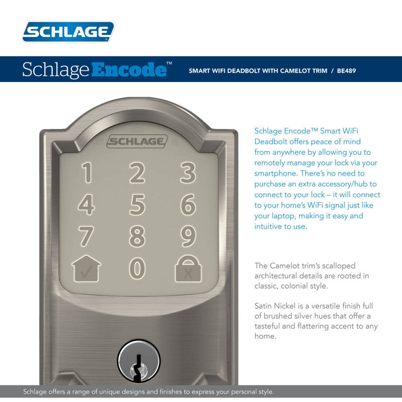 Encode Smart WiFi Deadbolt with Camelot Trim, Yes, Satin Nickel