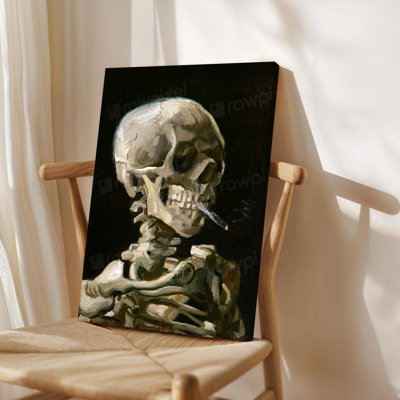 Art mural encadré sur toile, squelette avec une cigarette, style de peinture à l'huile post-impressionniste inspiré de Van Gogh. Décoration murale, grande œuvre d'art pour le salon, prête à être suspendue, 24 po x 36 po