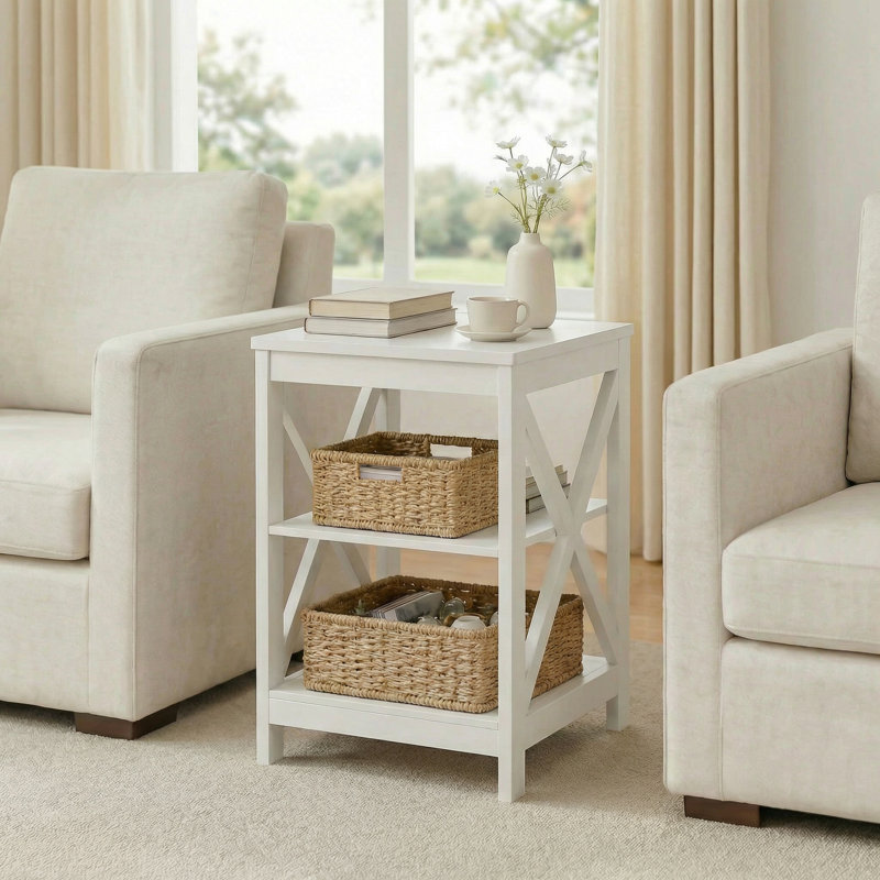 Modern X-Frame End Table with Storage, 23.6'' H X 15.8'' W X 15.8'' D, White, 1