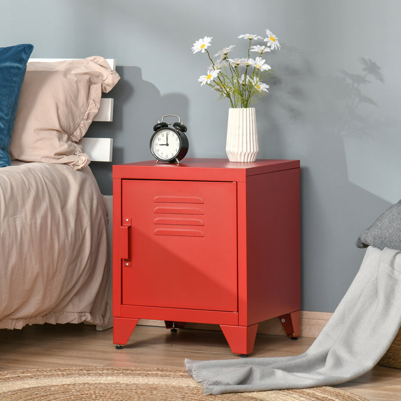 Table de bout industrielle, table d'appoint de salon avec porte de style casier et tablette réglable, rouge, Rouge