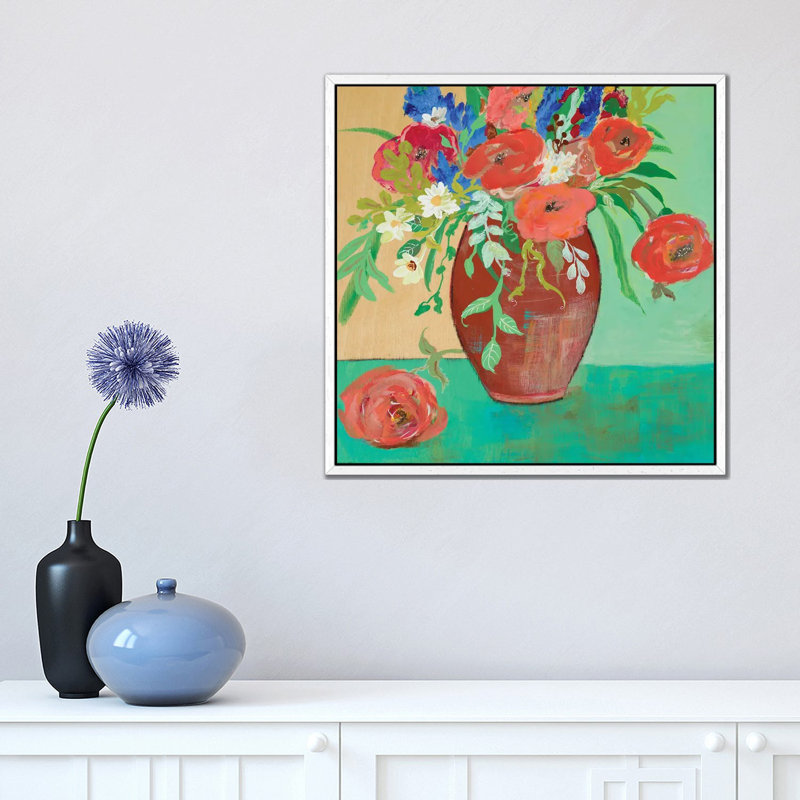 Vase Of Peach And Blue Roses by Robin Maria - Painting on Canvas, White Floater Frame, 45.72 cm H x 45.72 cm W