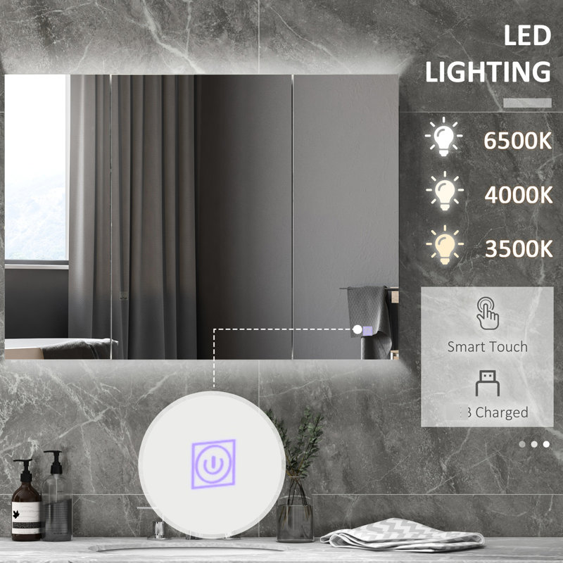 Armoire à pharmacie avec miroir pour salle de bain - H 25,5 po x l 35,5 po x P 6 po, blanc, lumières, tablette réglable avec rangement mural, tablette et lumières
