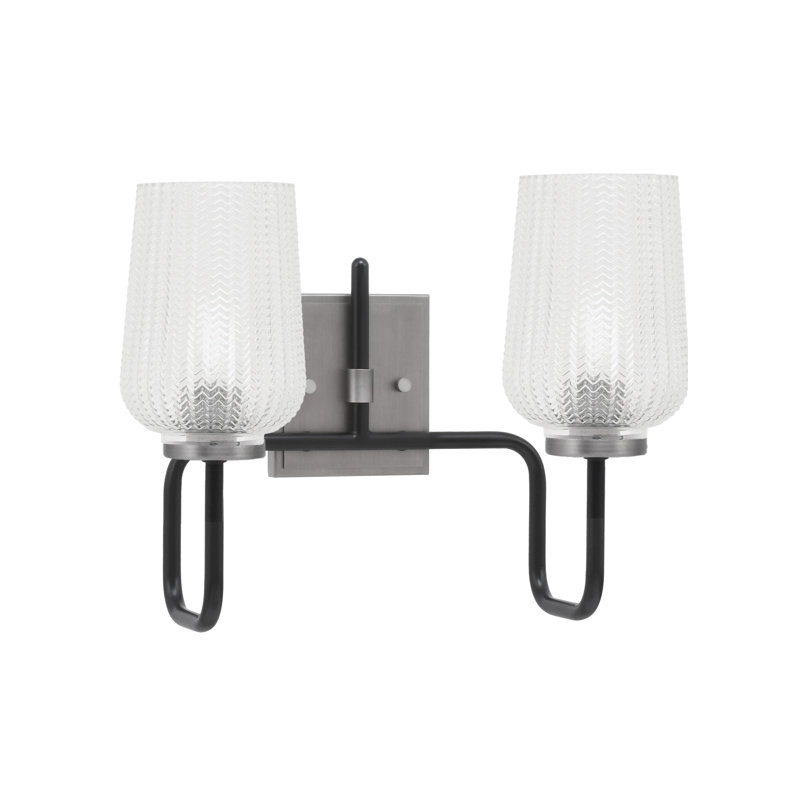 Barre d'éclairage de salle de bain 2 lumières Amarmula, noir mat et finition graphite, verre texturé transparent de 5 po