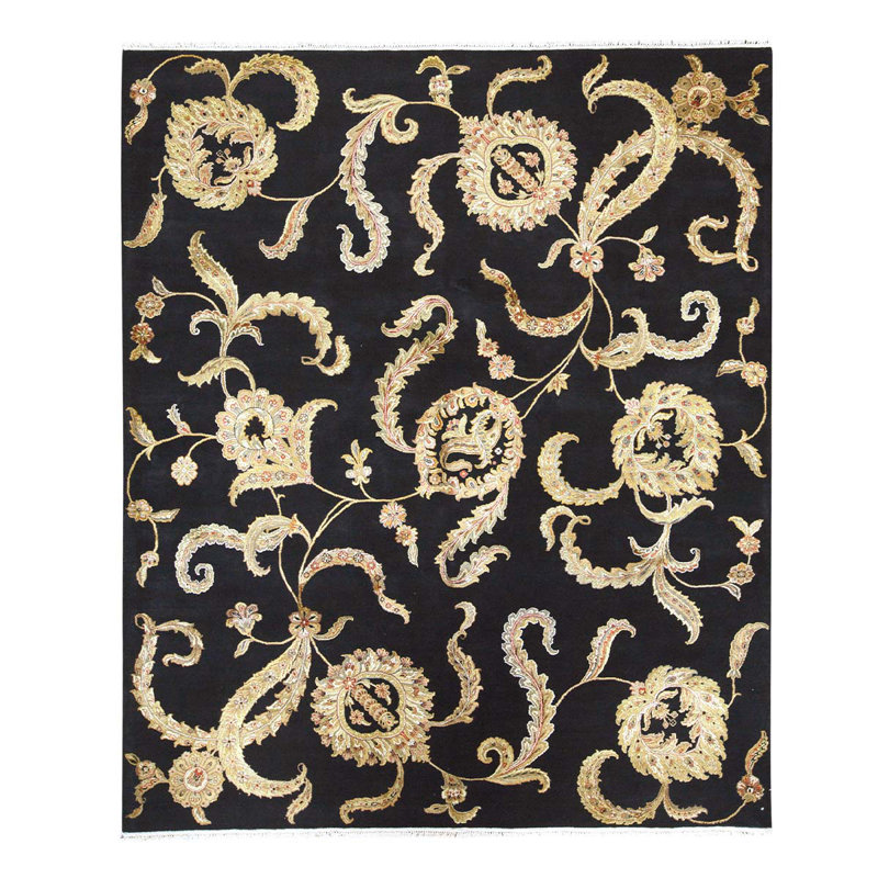Tapis noir / vert / ivoire noué à la main de haute qualité