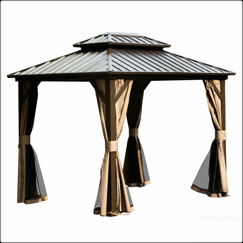 Pavillon de jardin 8 pi x 10 pi avec toit double en acier galvanisé, rideaux et filet pour les événements extérieurs et la détente