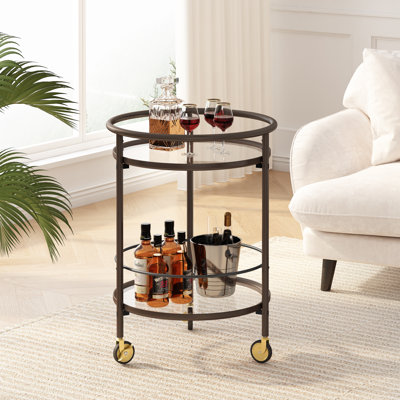 Luna Modern Round Bar Cart With Tempered Glass Shelves And Metal Accents by NFusion
