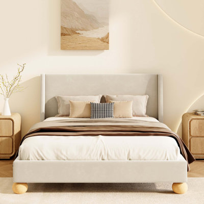 Velvet Bed with Round Wooden Legs