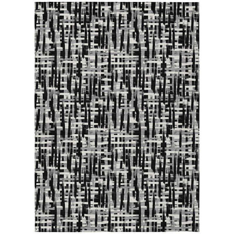Black and Gray Synthetic Washable Rectangular Area Rug