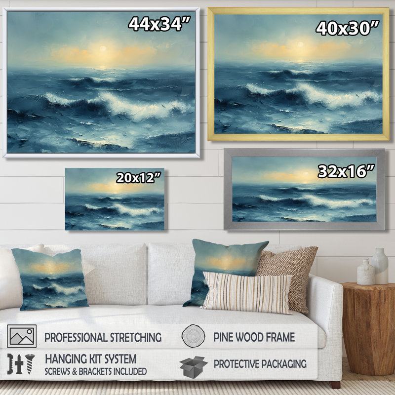 Blanc blanc, bleu, hiver, clair de lune, vagues, bord de mer, art mural, salon, Cadre flottant noir, H 30 po x l 40 po