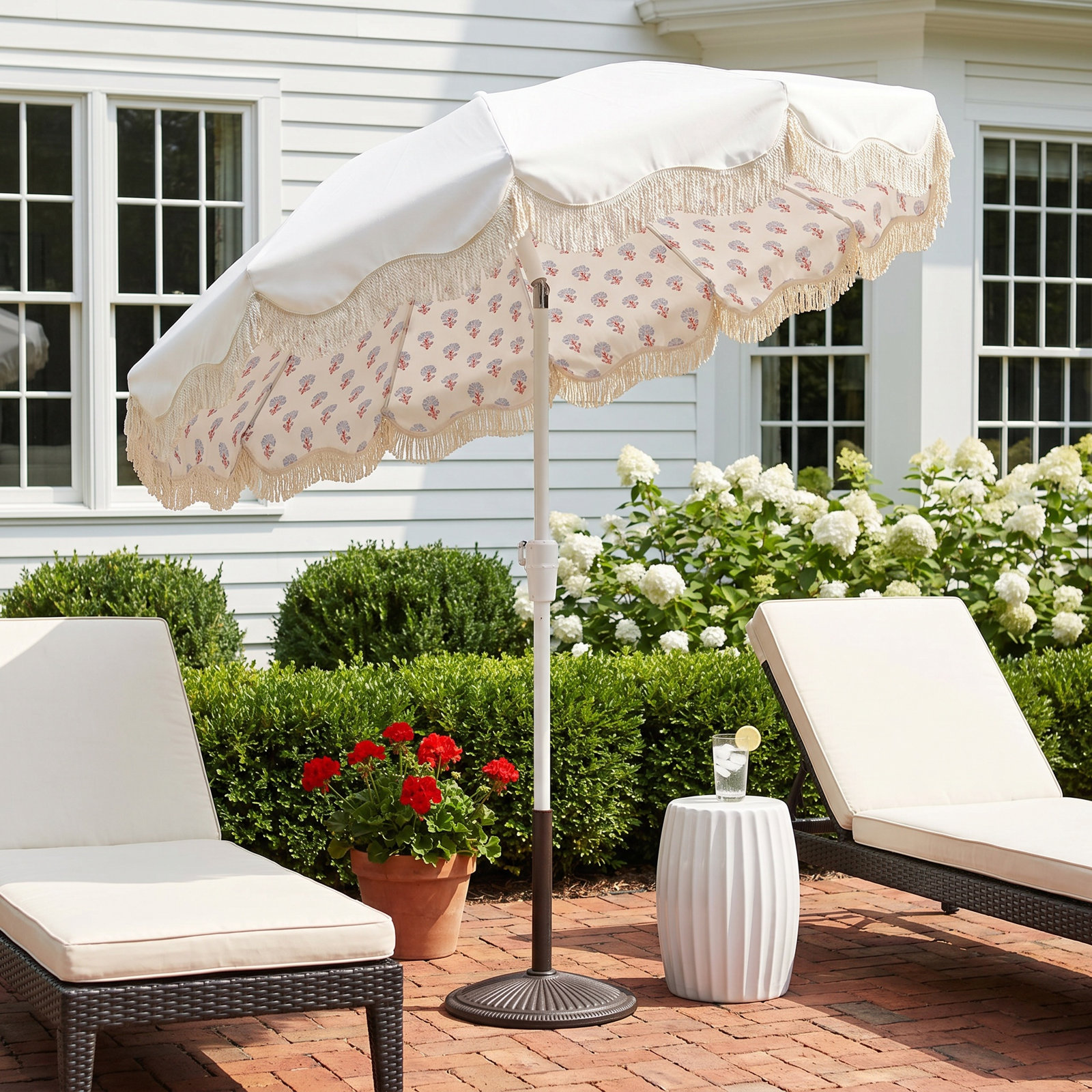 Lillie 7.5ft Sunbrella® Garden Market Umbrella, White/Mira Bluebell
