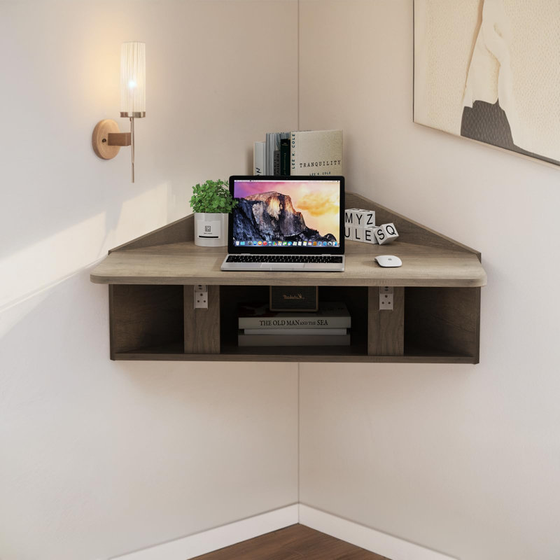 Floating Corner Desk, Wall Mounted, With Shelf For Small Space Computer,Rustic Grey