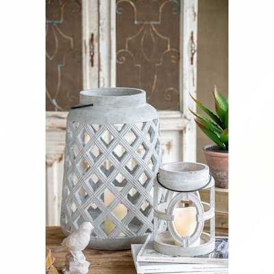 7.1x7.1x9.6" Gray Cement Lantern with Oval Cut-Out Design, Indoor Outdoor Garden Decor (without Candle)