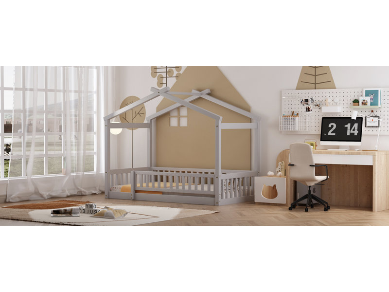 Structure de lit simple en bois avec clôture, pour enfants, adolescents, filles, garçons, gris, Gris