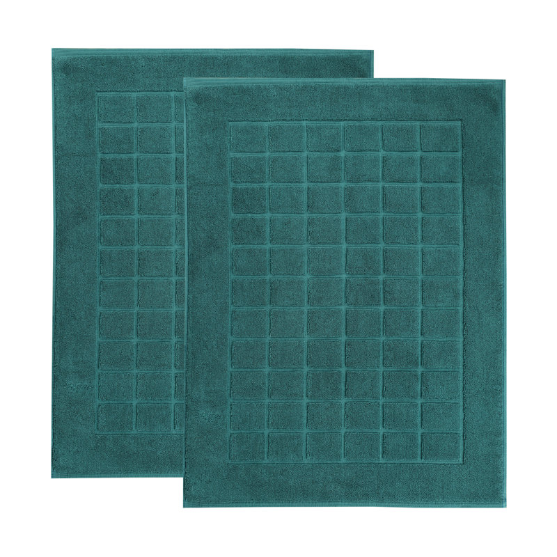 Nora Cotton Terry Solid Absorbent Thick Checkered Washable Bath Mat Set Of 2, Teal