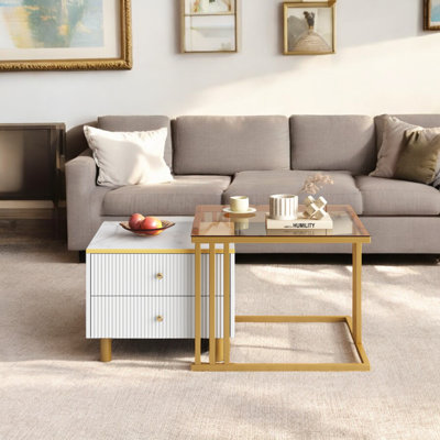 Gold And White Coffee Table Set Of 2, With Marble Pattern Coffee Table With Drawer Metal Frame Square End Table