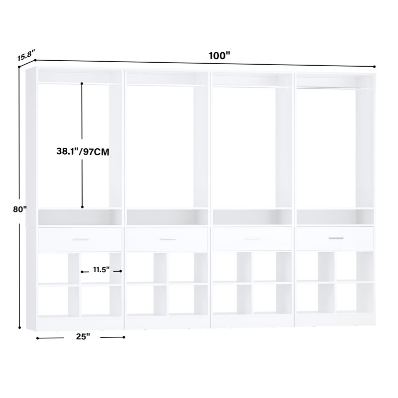 98"W Freestanding Closet With Hanging Rod And Drawer, White