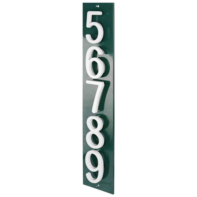 Plaque d'adresse verticale flottante en aluminium Royal Shade - 5 chiffres personnalisés, Vert, Blanc, Oui